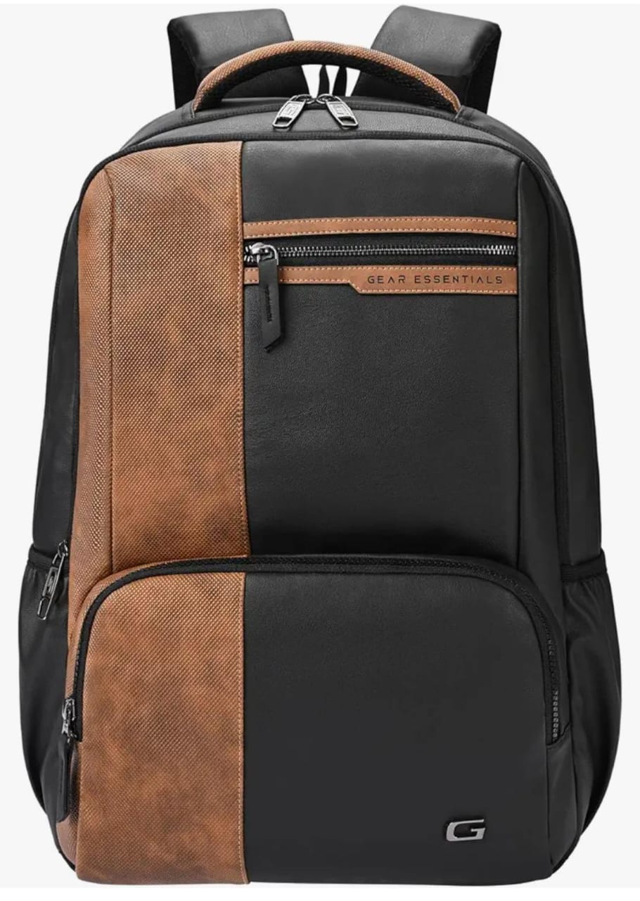 Gear Vintage 4 19"/28L anti theft faux leather Medium Water Resistant Laptop Backpack/Casual Backpack/Daypack/Travel Backpack/College Bag For Men/Women(Black-Tan)
