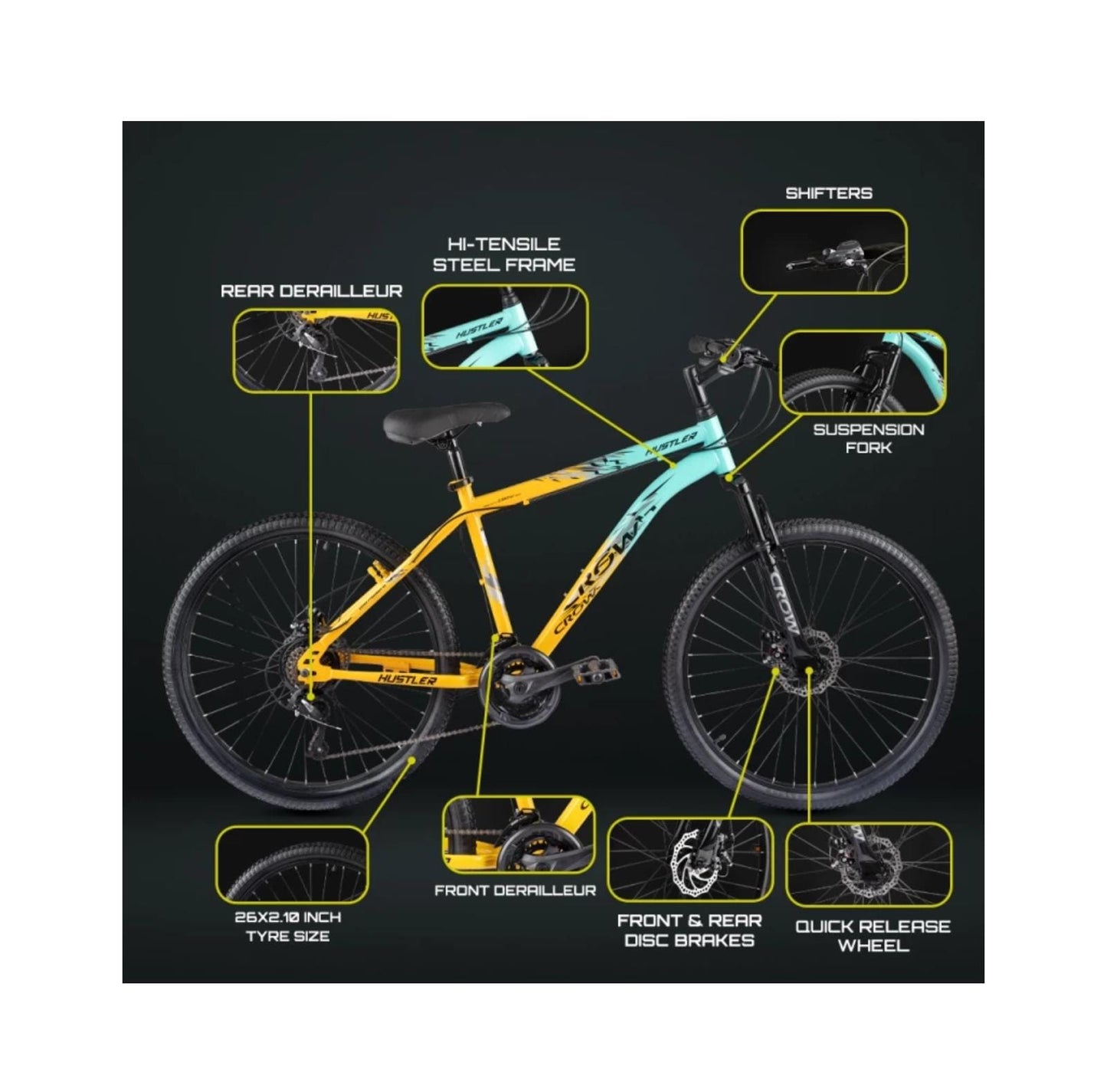 Crow HUSTLER 21 SPEED | DUAL DISC | FRONT SUSPENSION | FULLY FITTED 26 T Mountain Cycle (21 Gear, Multicolor, Dual Suspension)