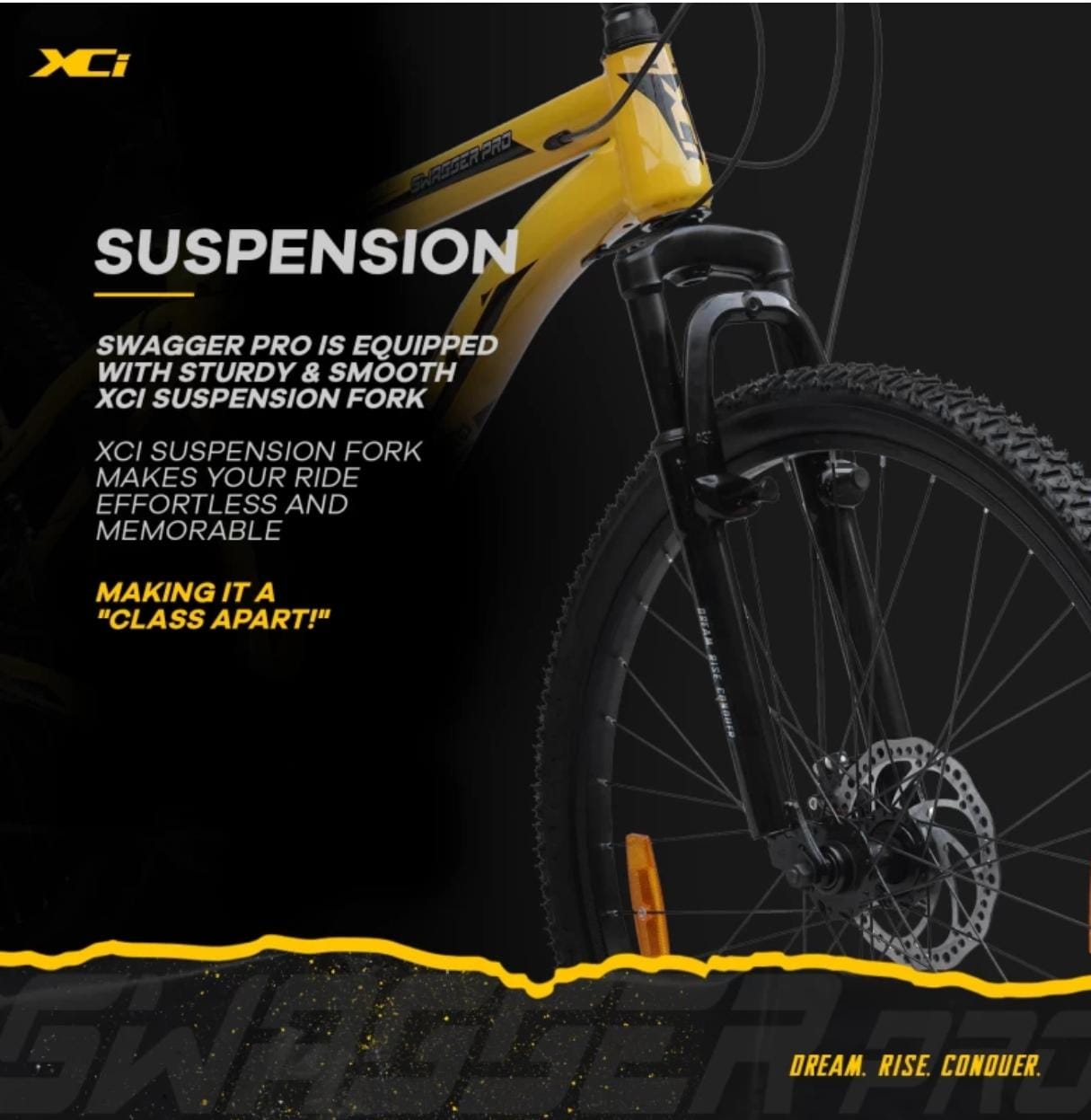 XCi Swagger Pro Shimano Geared for Men TUF SHOX Suspension 26 T Mountain Cycle (21 Gear, Black, Yellow, Only Front Suspension)