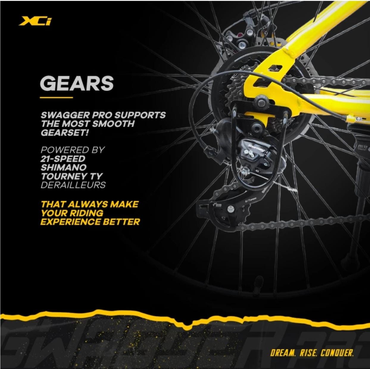 XCi Swagger Pro Shimano Geared for Men TUF SHOX Suspension 26 T Mountain Cycle (21 Gear, Black, Yellow, Only Front Suspension)