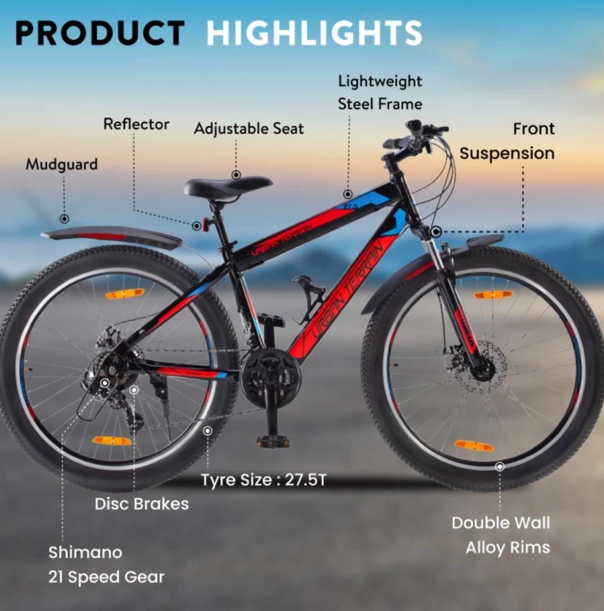 Urban Terrain Mountain Bike Shimano Geared Cycles for Men with Dual Disc Brake MTB UT2000 27.5 T Road Cycle (21 Gear, Red, Only Front Suspension)