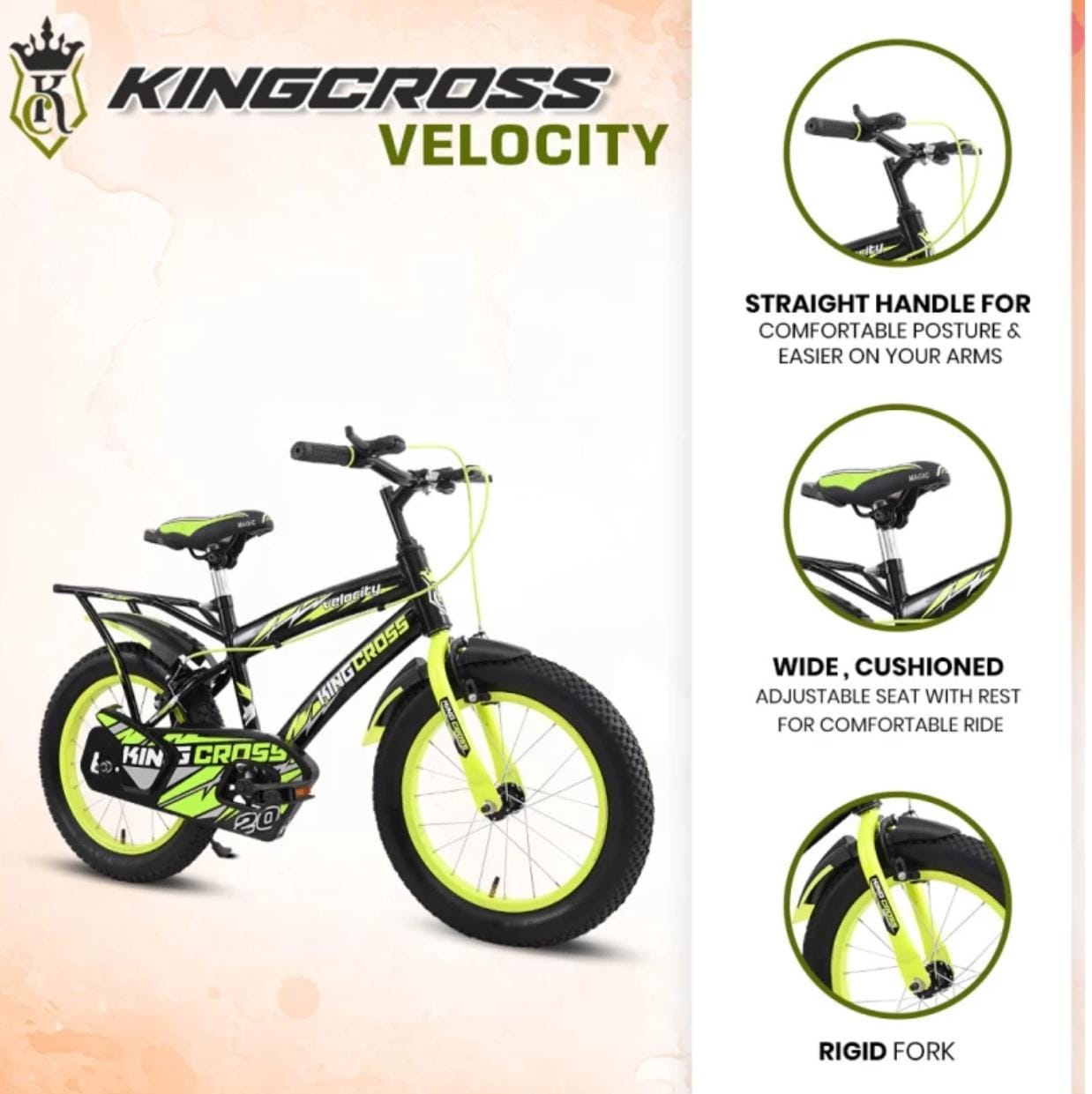 KINGCROSS VELOCITY 20T WITH INBUILT CARRIER - TYRE & TUBE 20 T BMX Cycle (Single Speed, Black, Green, Rigid)