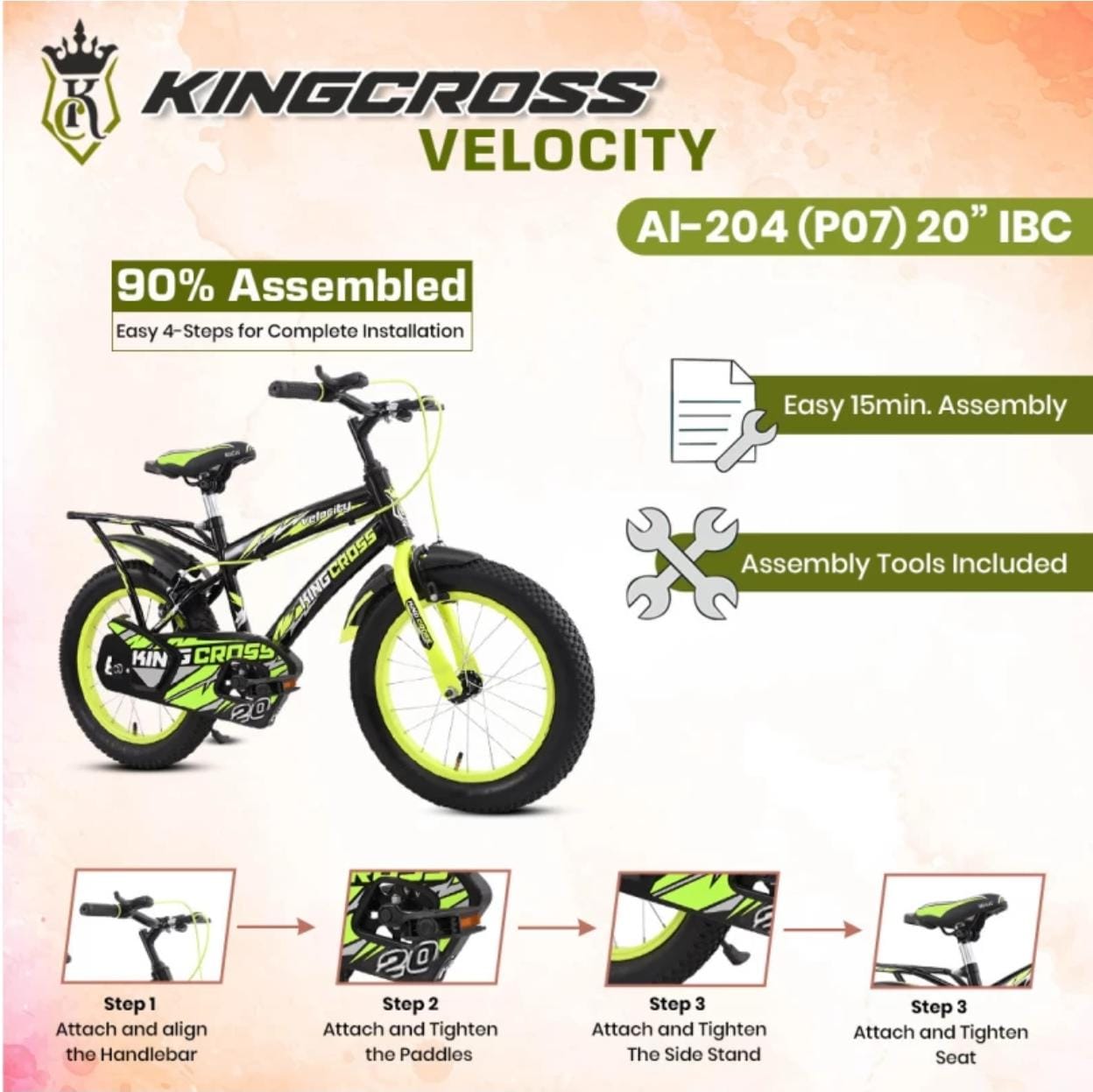 KINGCROSS VELOCITY 20T WITH INBUILT CARRIER - TYRE & TUBE 20 T BMX Cycle (Single Speed, Black, Green, Rigid)