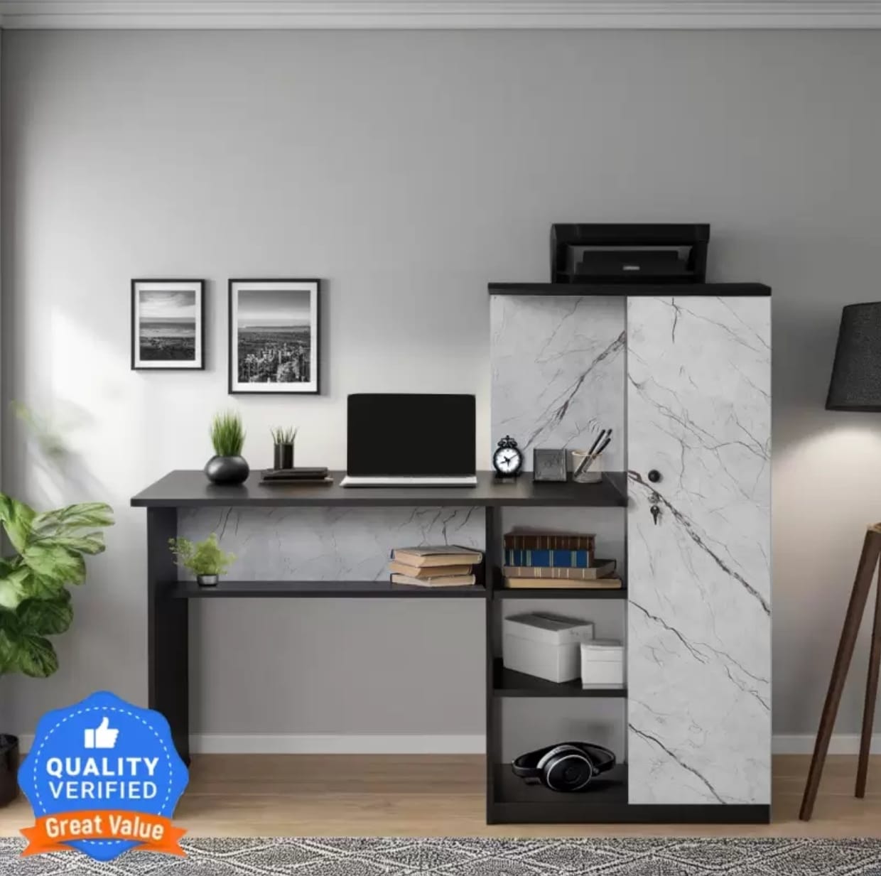 Trevi Krystal Premium Study Table Engineered Wood Office Table (Free Standing, Finish Color - Black Wenge & White Stone, Knock Down)