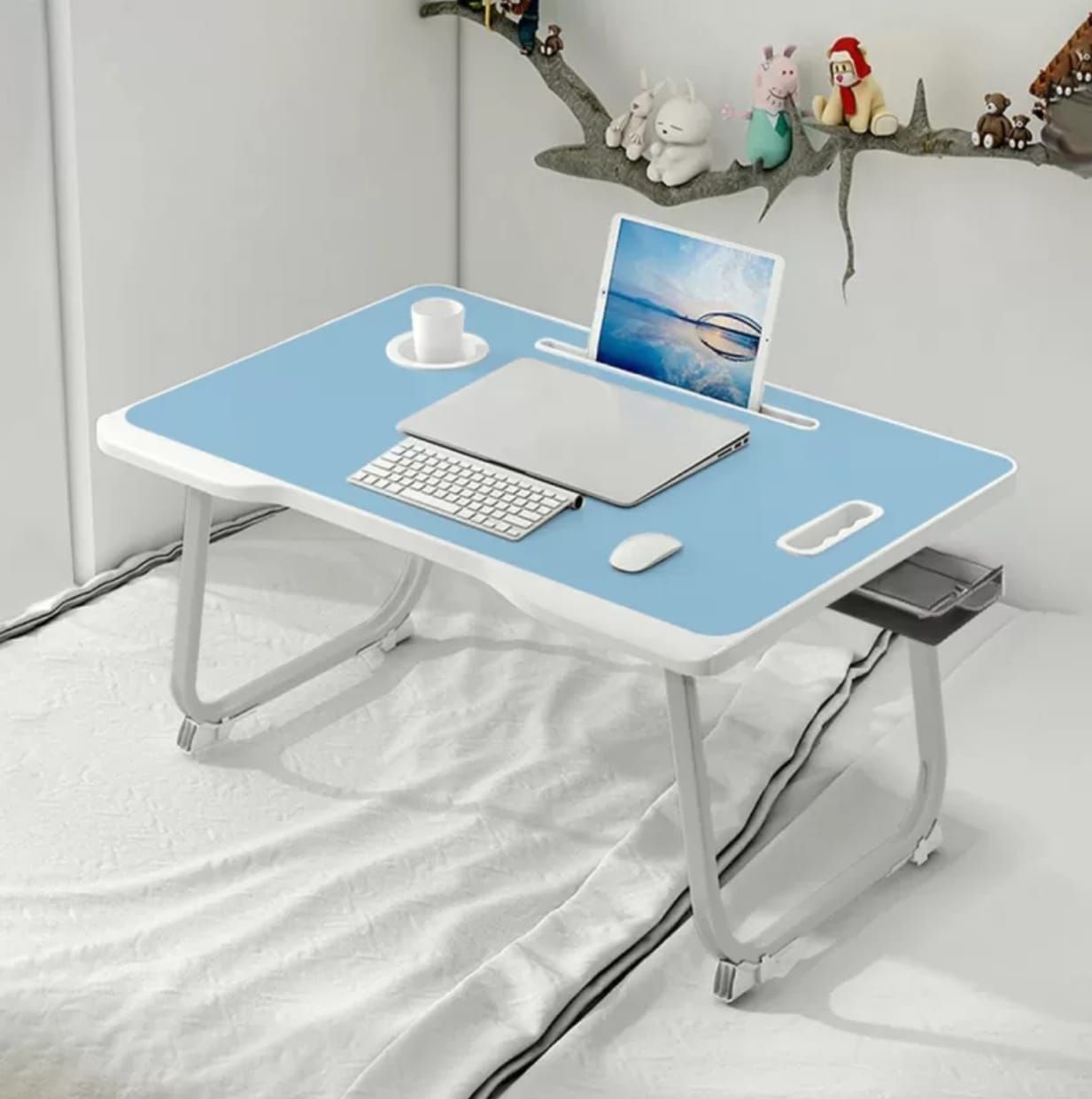StarAndDaisy Multipurpose Bed | Laptop | Study Table with Foldable, Storage Box Wood Portable Laptop Table (Finish Color - Buddy Blue)